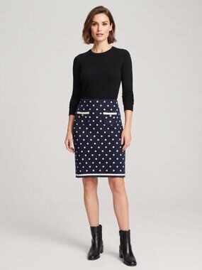 Talbots Navy White Polka Dot Knit Pencil Skirt Size 2P Petite